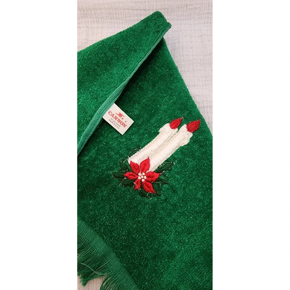 Vintage Lot of 4 RED GREEN Terry‎ Christmas Hand Towels Candle Reindeer Noel